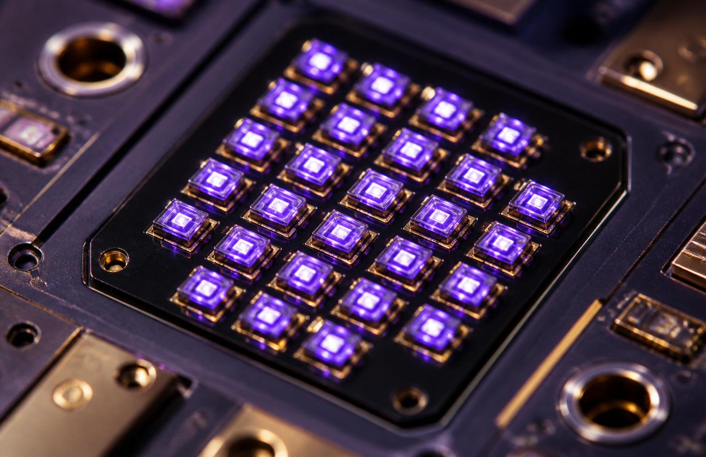 Macro photograph of a 275 nm UV-C LED chip array glowing violet